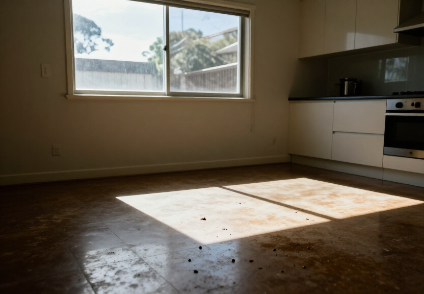 Kitchen with rodent droppings and damage